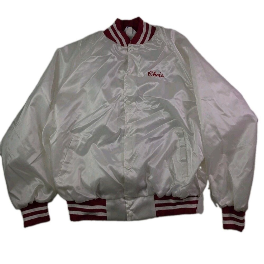 Vintage Westark USA White Satin Letterman Bomber Jacket Tangier Clowns Omaha XXL